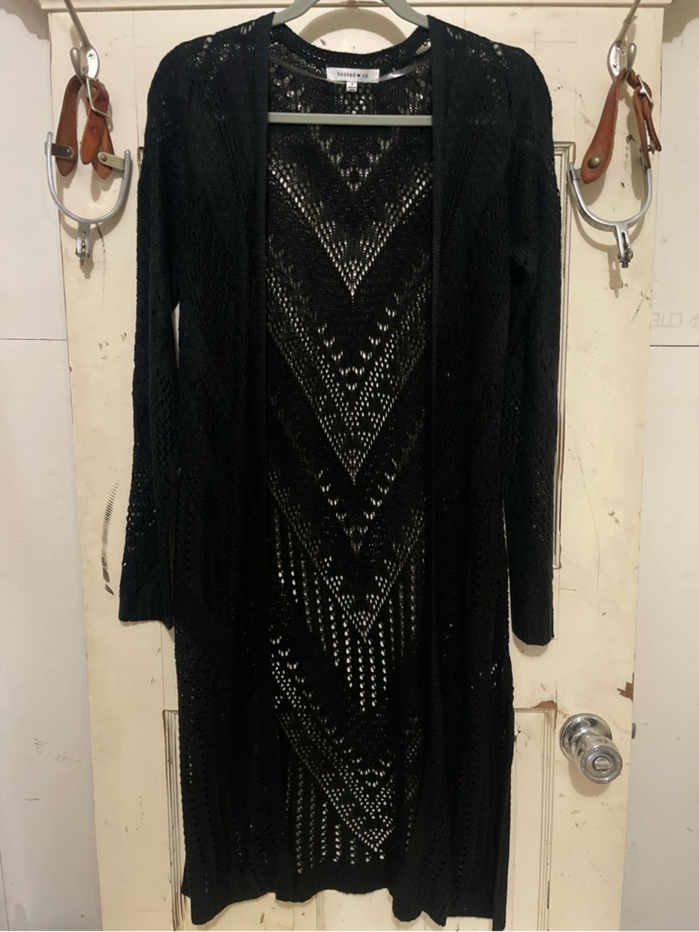 Hooked Up by IOT Black Open Knit Long Cardigan NWOT Size S